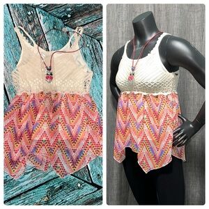 NWT Beautees Girls Crochet Boho Print Cami Tank Set W/ Included Necklace Medium